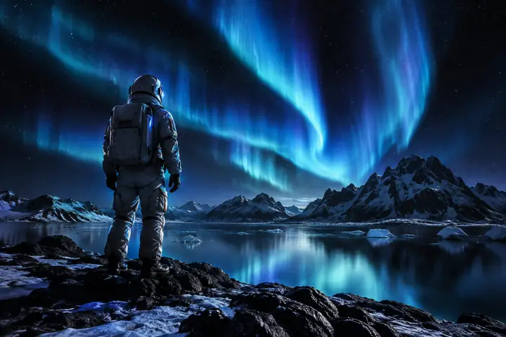 Astronaut under northern lights