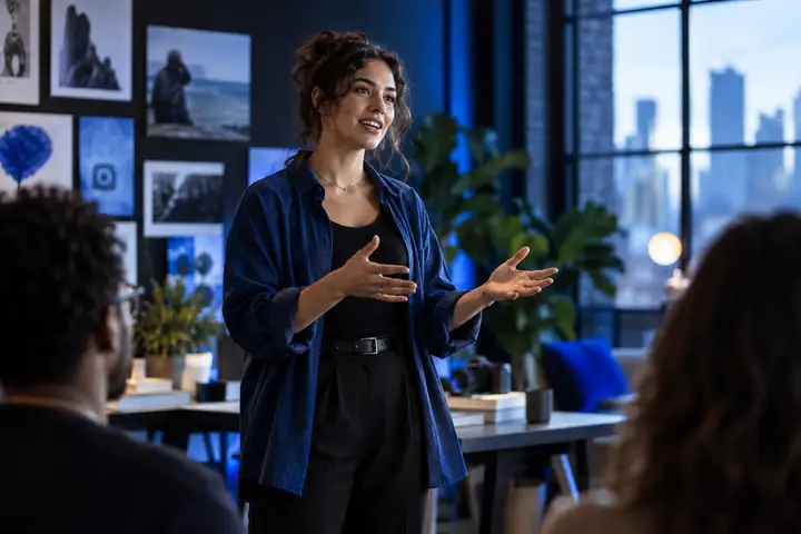 Creative professional speaking in a bright office