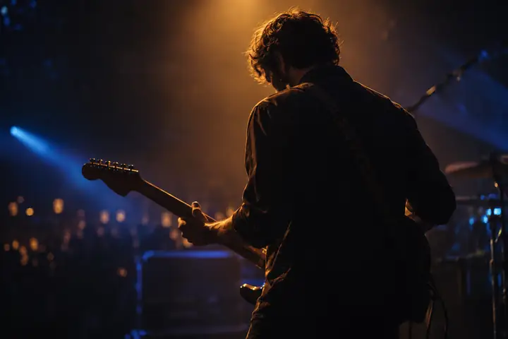 Guitarist performing under amber light