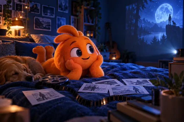Playful orange character in a bedroom