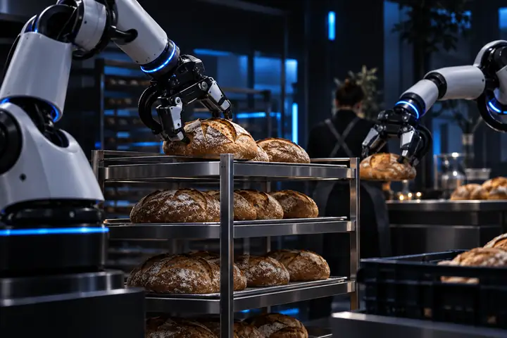 Robotic arms handling bread on a rack