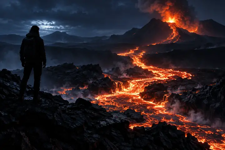 Volcanic lava flowing through a dark landscape