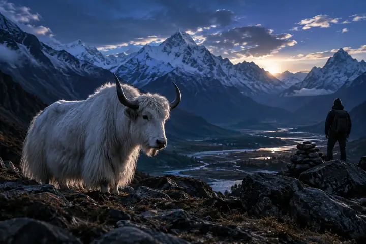 White yak in a mountain valley